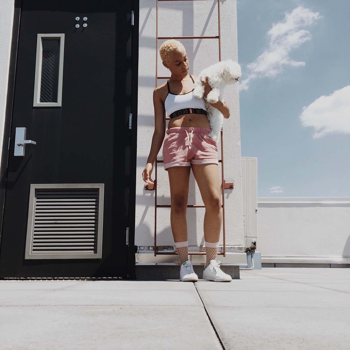 A fashionable woman stands confidently on a ladder, holding a long-coated puppy against the backdrop of a modern building. This delightful scene captures the essence of home decor inspiration, blending trendy apparel with a warm, pet-friendly atmosphere. Ideal for lifestyle blogs, pet care websites, and home improvement articles, this image conveys a sense of joy and creativity in urban living.